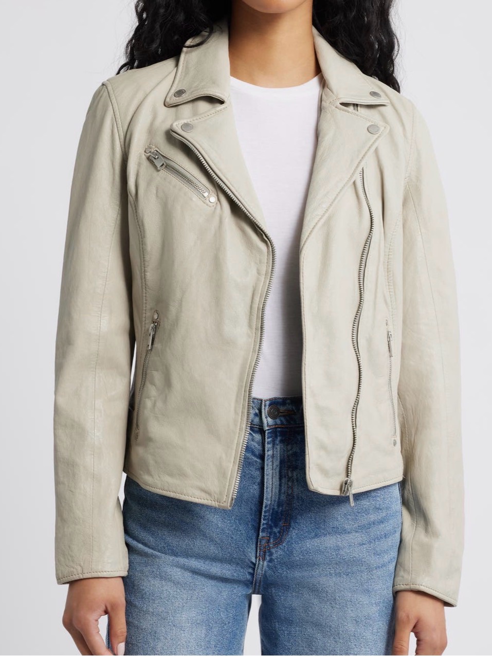 Mauritius Sofia Ivory Bone Zip Front Leather Moto Jacket Womens Sz 8